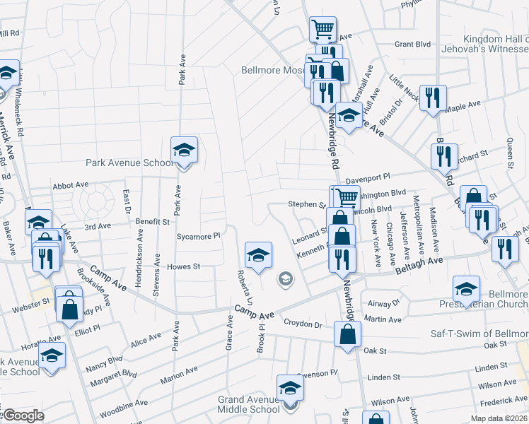 map of restaurants, bars, coffee shops, grocery stores, and more near 422 Stewart Avenue in North Bellmore