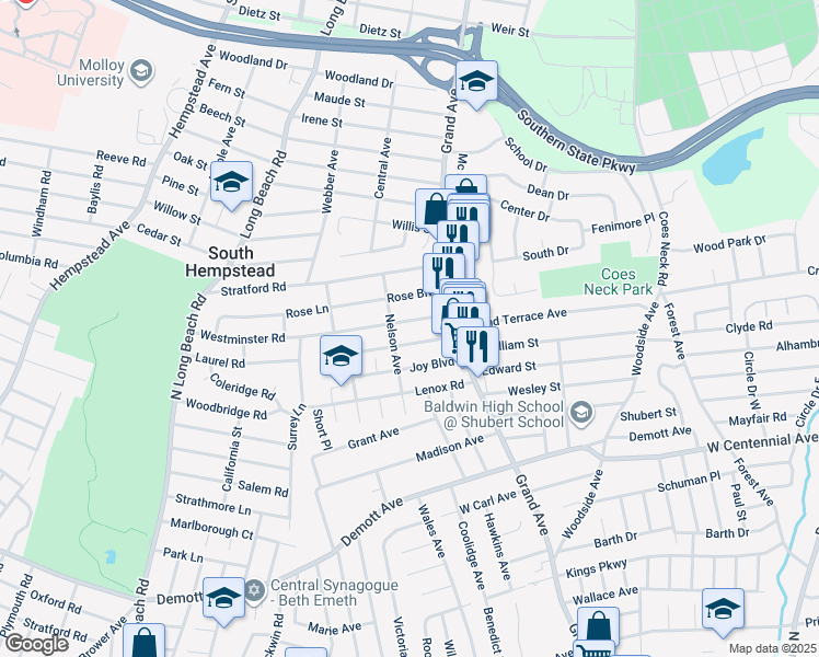 map of restaurants, bars, coffee shops, grocery stores, and more near 635 Garfield Road in Baldwin