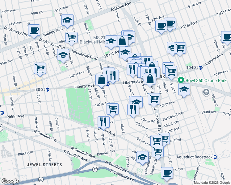 map of restaurants, bars, coffee shops, grocery stores, and more near 105-42 89th Street in Queens