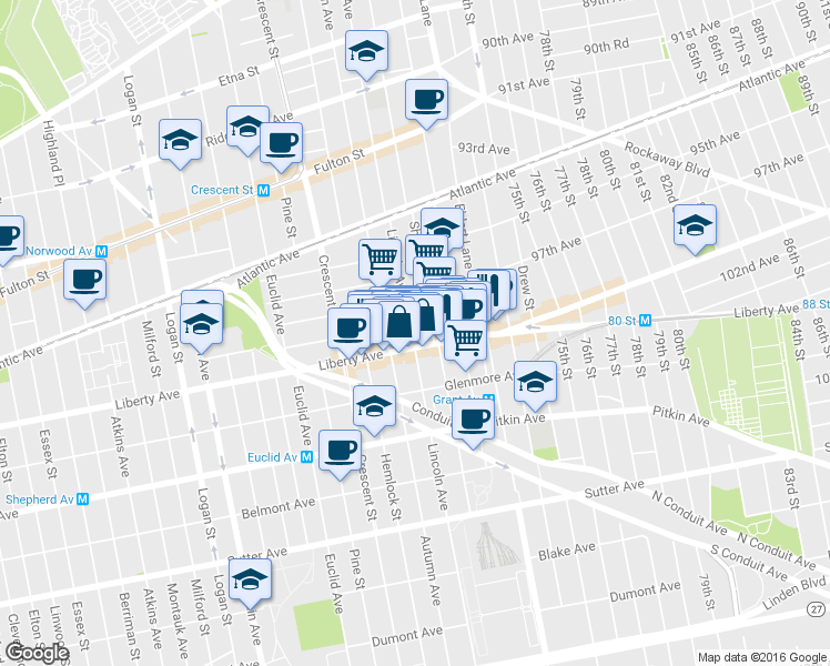 map of restaurants, bars, coffee shops, grocery stores, and more near 1130 Liberty Avenue in Brooklyn