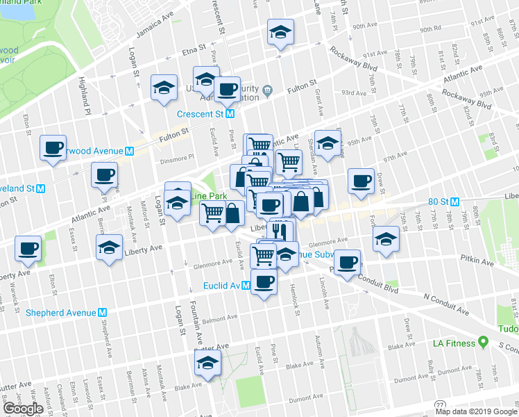 map of restaurants, bars, coffee shops, grocery stores, and more near 1047 Liberty Avenue in Brooklyn