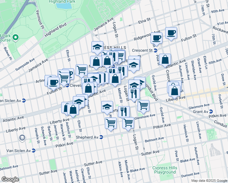 map of restaurants, bars, coffee shops, grocery stores, and more near 34 Montauk Avenue in Brooklyn