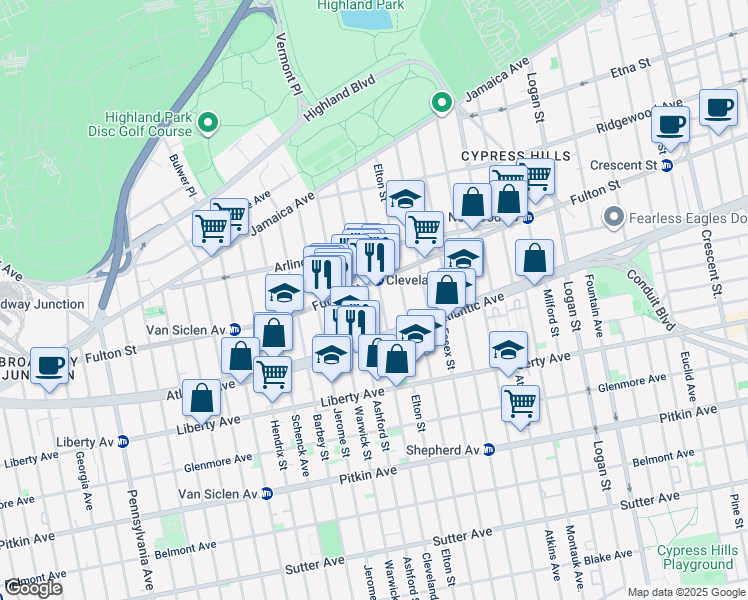map of restaurants, bars, coffee shops, grocery stores, and more near 270 Cleveland Street in Brooklyn