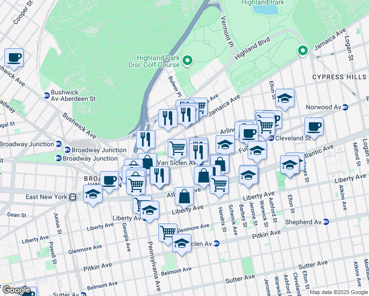 map of restaurants, bars, coffee shops, grocery stores, and more near 118 Miller Avenue in Brooklyn