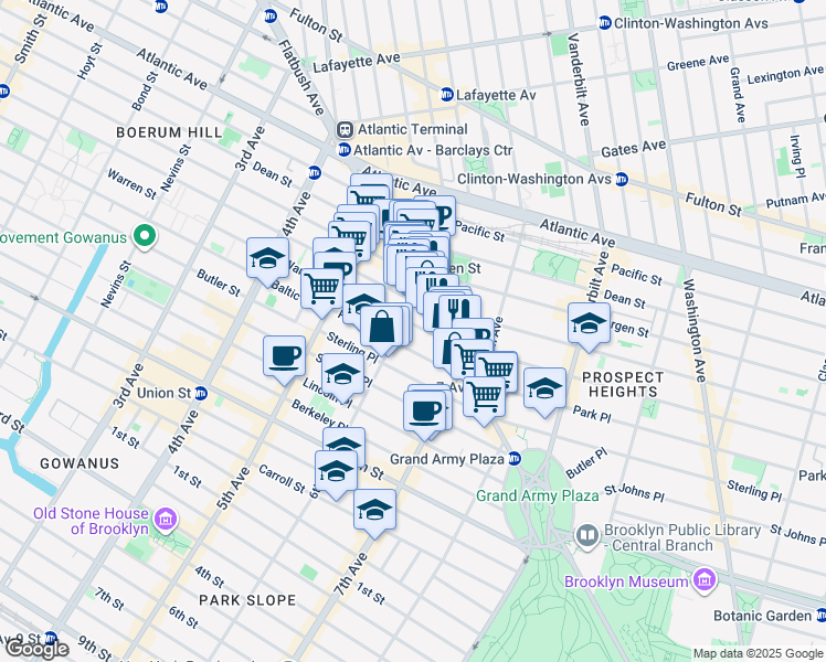 map of restaurants, bars, coffee shops, grocery stores, and more near 80 Park Place in Brooklyn