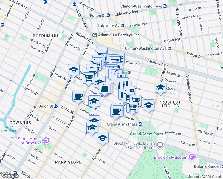 map of restaurants, bars, coffee shops, grocery stores, and more near 80 Park Place in Brooklyn