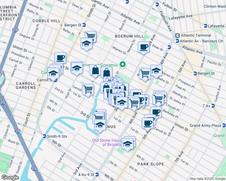 map of restaurants, bars, coffee shops, grocery stores, and more near 469 President Street in Brooklyn
