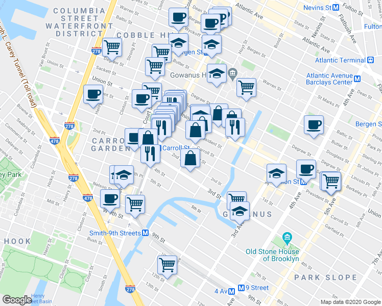 map of restaurants, bars, coffee shops, grocery stores, and more near 30 1st Street in Brooklyn