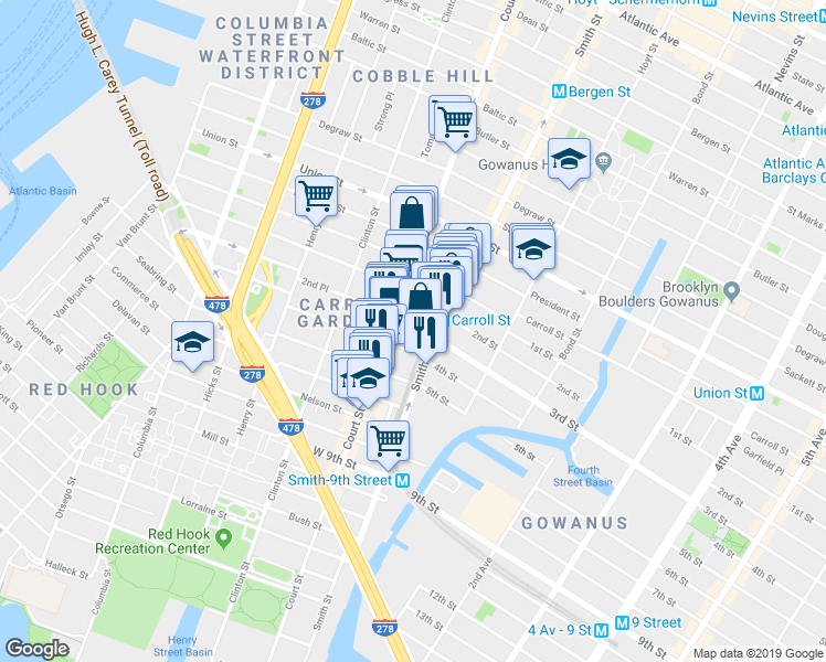map of restaurants, bars, coffee shops, grocery stores, and more near 123 3rd Place in Brooklyn