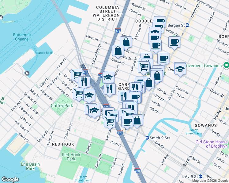 map of restaurants, bars, coffee shops, grocery stores, and more near 28 4th Place in Brooklyn