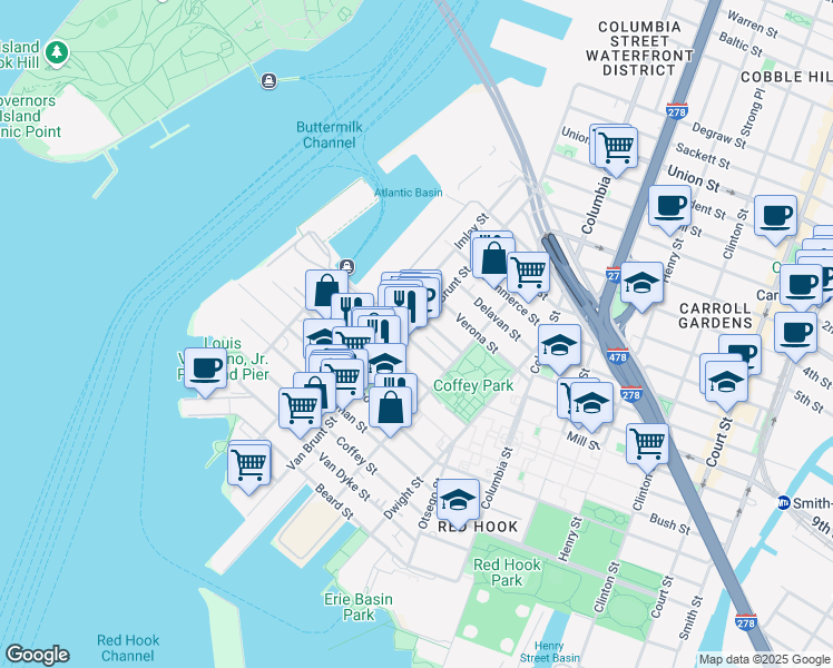 map of restaurants, bars, coffee shops, grocery stores, and more near 102 Pioneer Street in Brooklyn