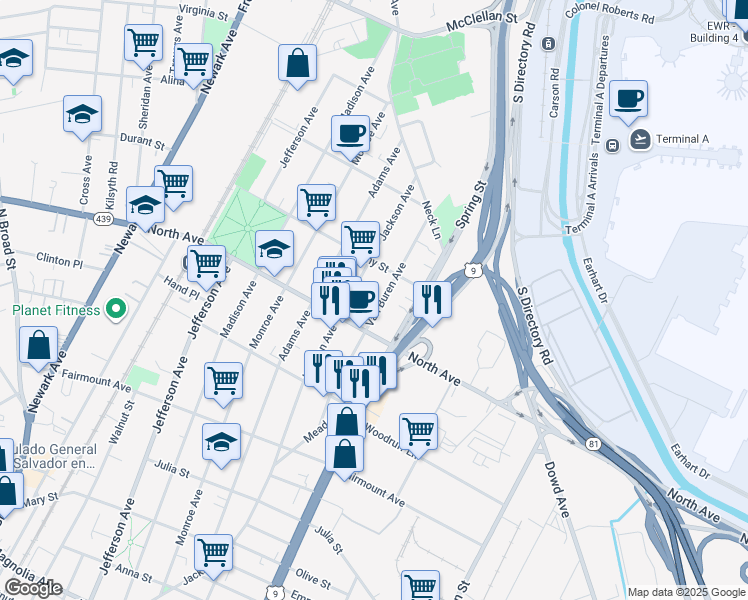 map of restaurants, bars, coffee shops, grocery stores, and more near 821 Van Buren Avenue in Elizabeth