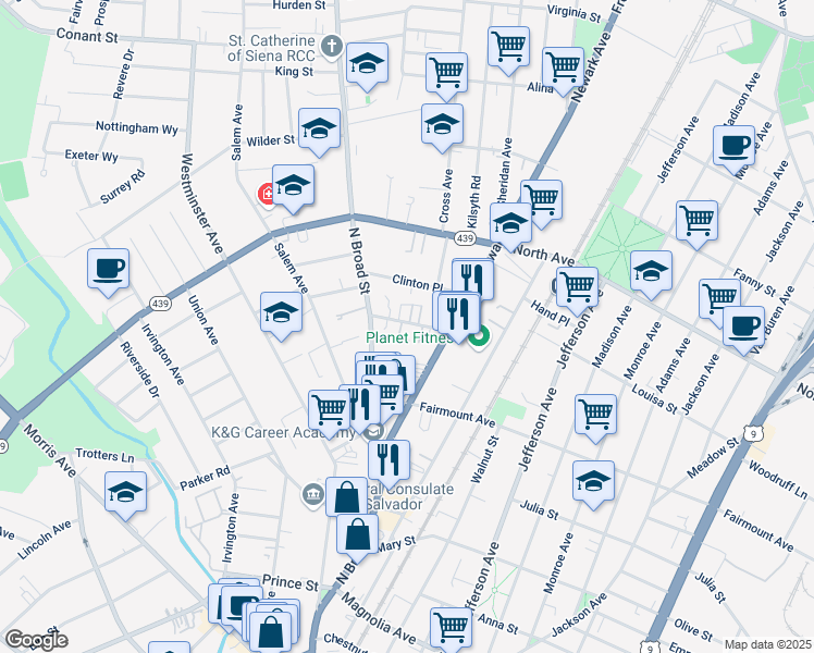 map of restaurants, bars, coffee shops, grocery stores, and more near 635 North Broad Street in Elizabeth