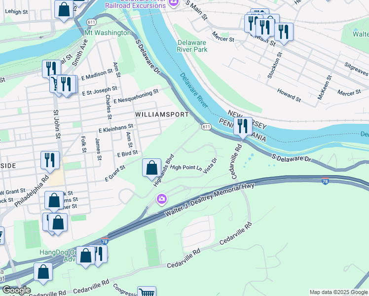 map of restaurants, bars, coffee shops, grocery stores, and more near 109 Vista Drive in Easton