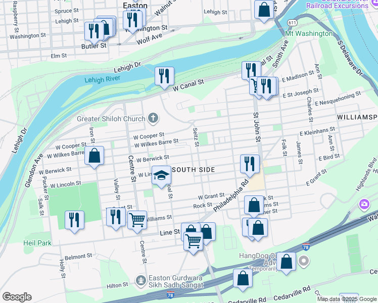 map of restaurants, bars, coffee shops, grocery stores, and more near in Easton