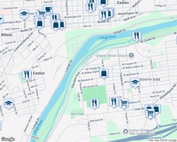 map of restaurants, bars, coffee shops, grocery stores, and more near 1030 West Wilkes Barre Street in Easton