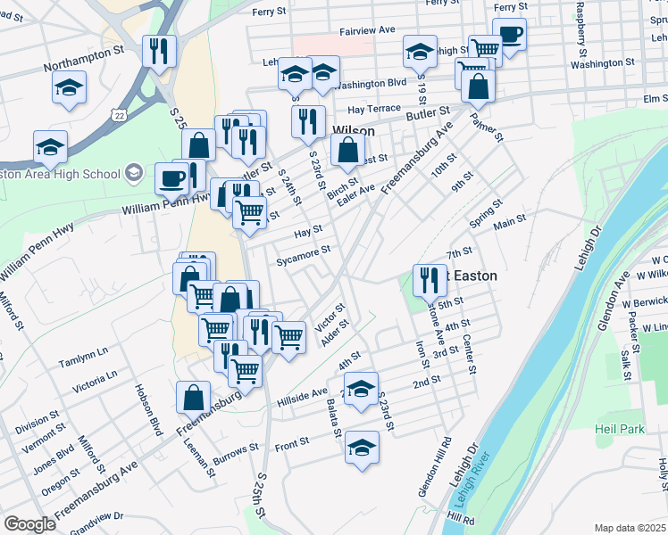 map of restaurants, bars, coffee shops, grocery stores, and more near 835 South 24th Street in Easton
