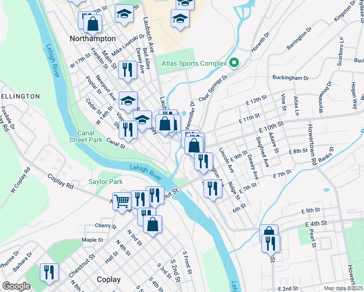 map of restaurants, bars, coffee shops, grocery stores, and more near 17 West 10th Street in Northampton