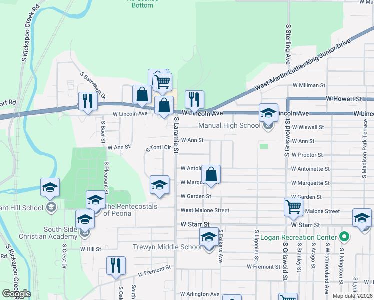 map of restaurants, bars, coffee shops, grocery stores, and more near 3026 West Proctor Street in Peoria