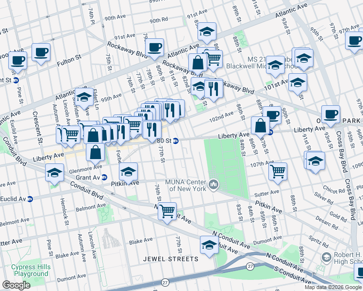 map of restaurants, bars, coffee shops, grocery stores, and more near 78-1 Glenmore Avenue in Queens