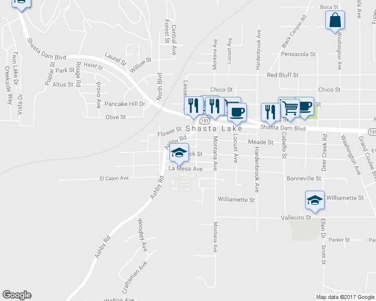 map of restaurants, bars, coffee shops, grocery stores, and more near 4069 Fort Peck Street in Shasta Lake
