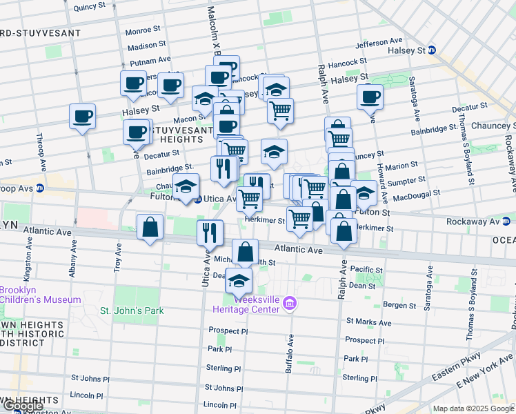 map of restaurants, bars, coffee shops, grocery stores, and more near 781 Herkimer Street in Brooklyn