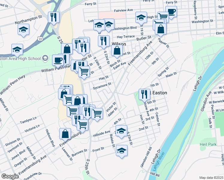 map of restaurants, bars, coffee shops, grocery stores, and more near 835 South 24th Street in Easton