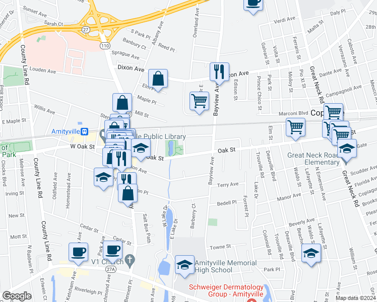 map of restaurants, bars, coffee shops, grocery stores, and more near 122 Oak Street in Amityville