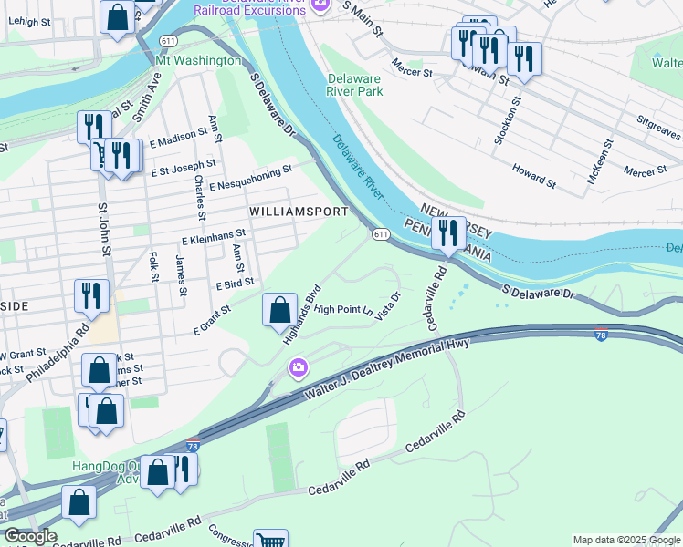 map of restaurants, bars, coffee shops, grocery stores, and more near 109 Vista Drive in Easton