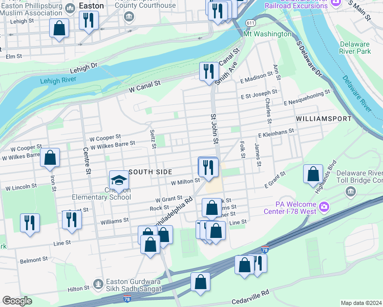map of restaurants, bars, coffee shops, grocery stores, and more near 298 West Berwick Street in Easton