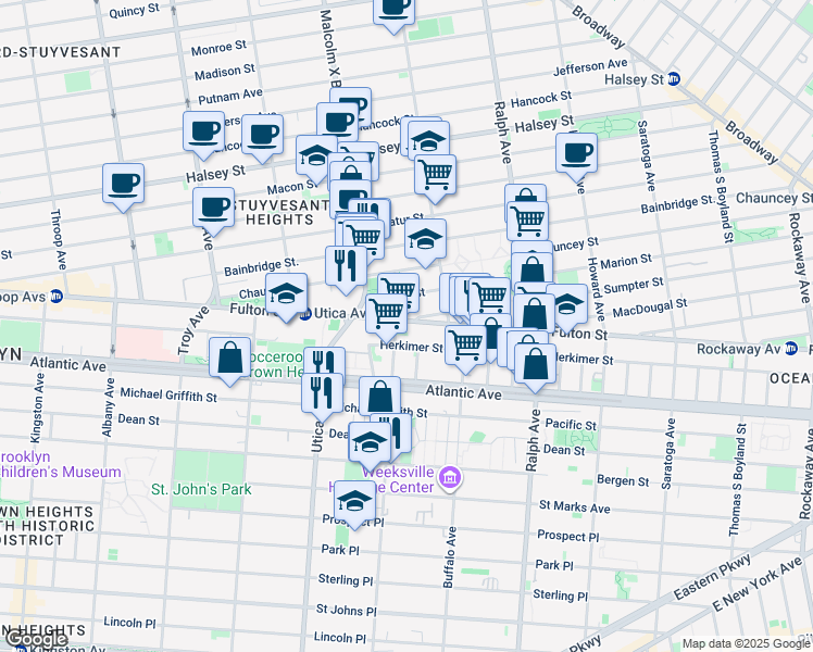 map of restaurants, bars, coffee shops, grocery stores, and more near 781 Herkimer Street in Brooklyn