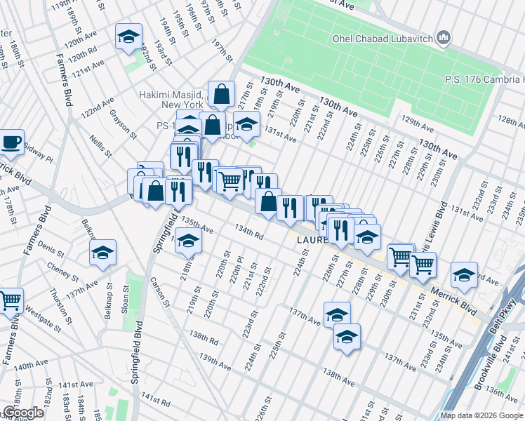 map of restaurants, bars, coffee shops, grocery stores, and more near 134-11 220th Street in Queens