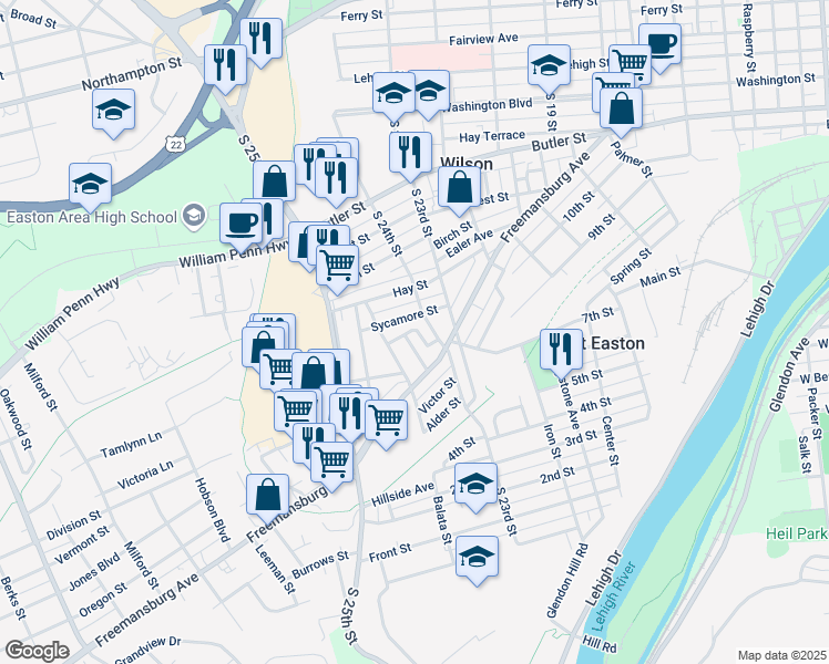 map of restaurants, bars, coffee shops, grocery stores, and more near 814 Balata Street in Easton
