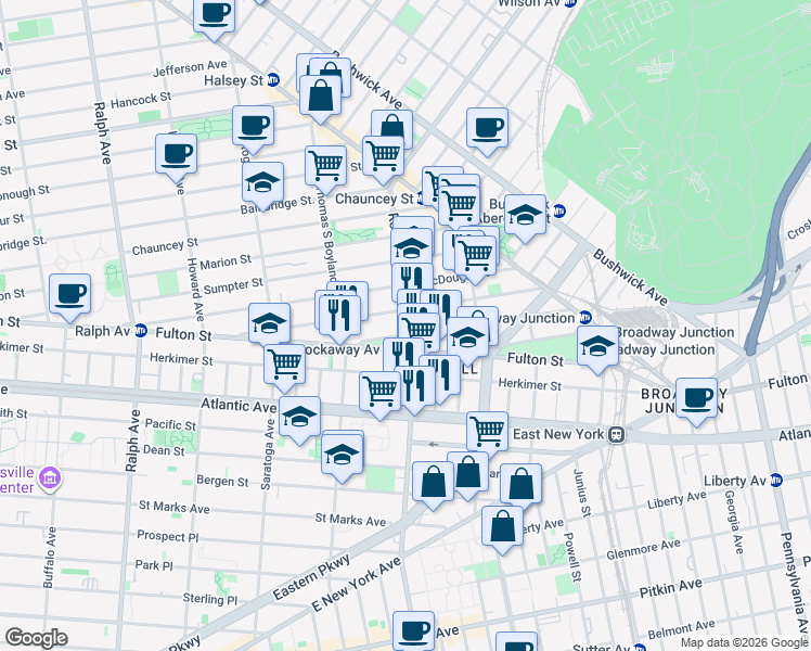 map of restaurants, bars, coffee shops, grocery stores, and more near 128-06 Rockaway Boulevard in Queens