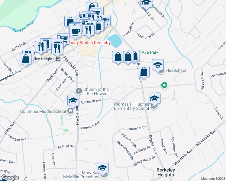 map of restaurants, bars, coffee shops, grocery stores, and more near 110 Roosevelt Avenue in Berkeley Heights