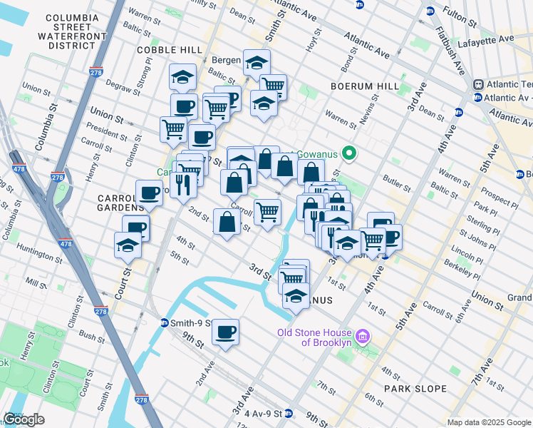 map of restaurants, bars, coffee shops, grocery stores, and more near 347 Bond Street in Brooklyn