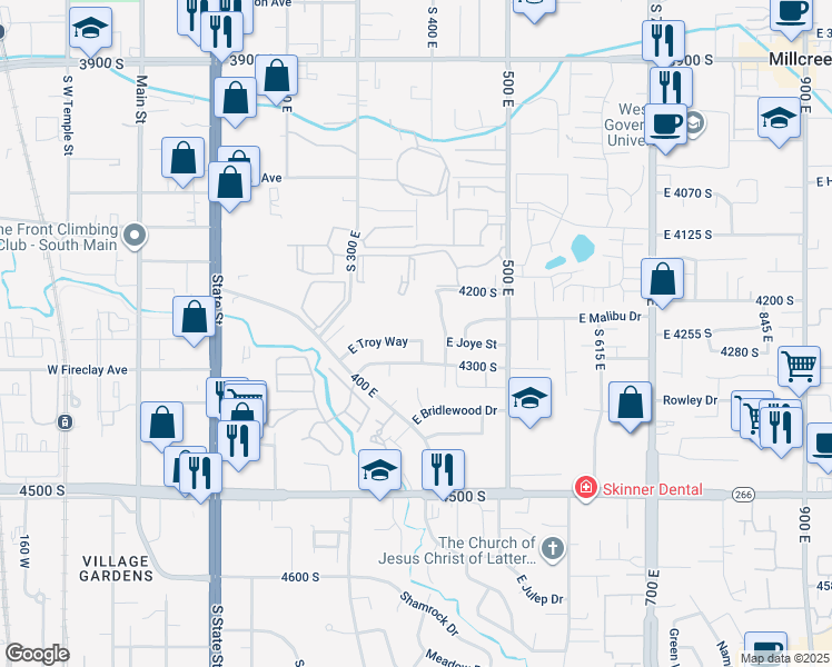 map of restaurants, bars, coffee shops, grocery stores, and more near 385 East Troy Way in Millcreek