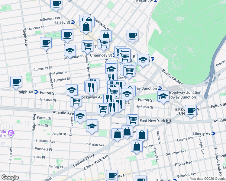map of restaurants, bars, coffee shops, grocery stores, and more near 59 Somers Street in Brooklyn