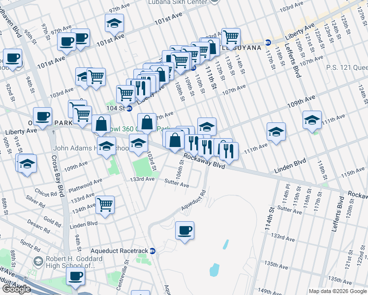 map of restaurants, bars, coffee shops, grocery stores, and more near 106-4 Rockaway Boulevard in Queens