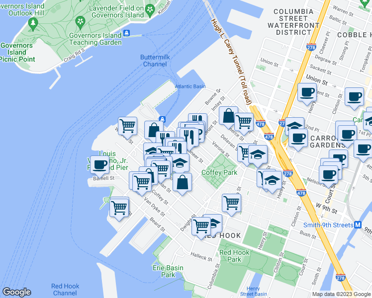 map of restaurants, bars, coffee shops, grocery stores, and more near 143 Pioneer Street in Brooklyn