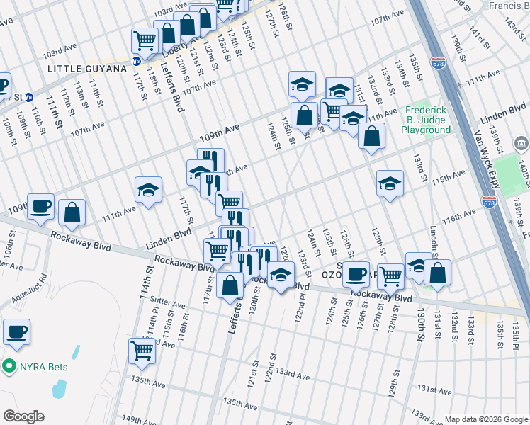 map of restaurants, bars, coffee shops, grocery stores, and more near 114-12 122nd Street in Queens