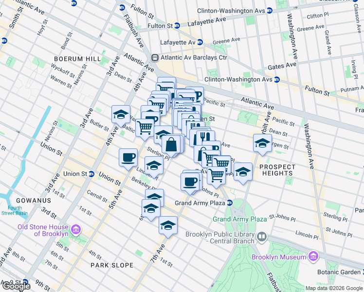 map of restaurants, bars, coffee shops, grocery stores, and more near 80 Park Place in Brooklyn