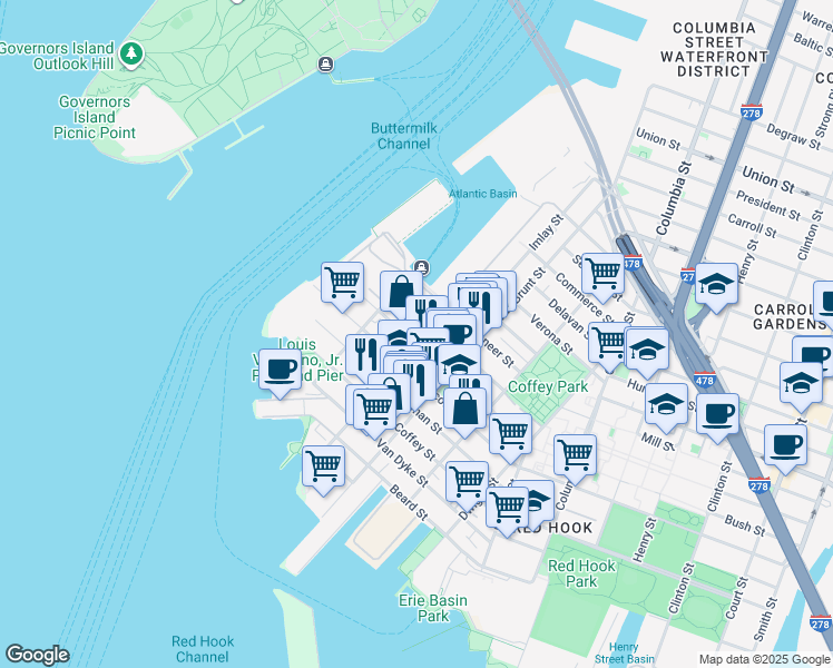 map of restaurants, bars, coffee shops, grocery stores, and more near 114 Sullivan Street in Brooklyn