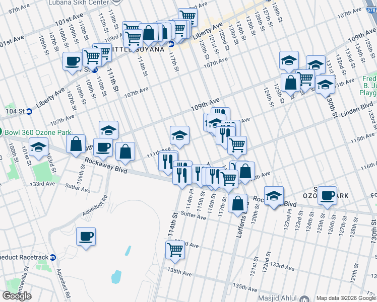 map of restaurants, bars, coffee shops, grocery stores, and more near 111-37 115th Street in Queens