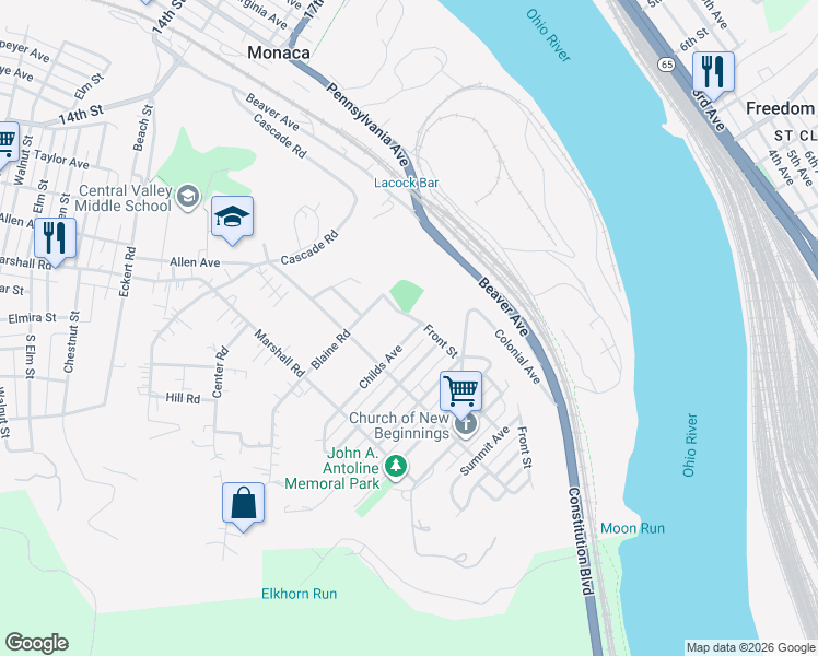 map of restaurants, bars, coffee shops, grocery stores, and more near 821 Childs Avenue in Monaca