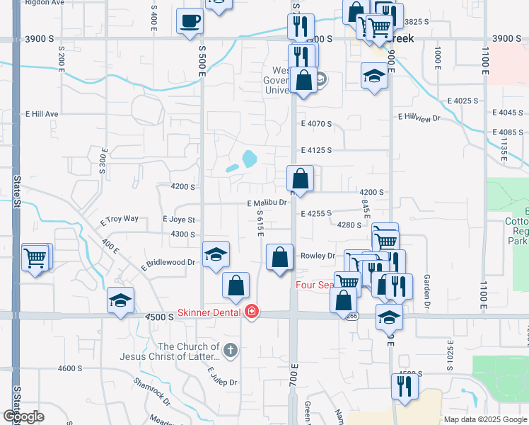 map of restaurants, bars, coffee shops, grocery stores, and more near 4247 South 615 East in Murray
