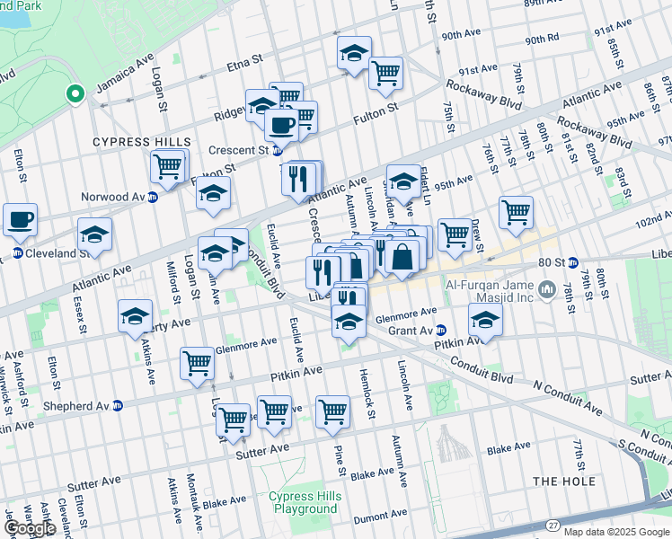 map of restaurants, bars, coffee shops, grocery stores, and more near 75 Hill Street in Brooklyn