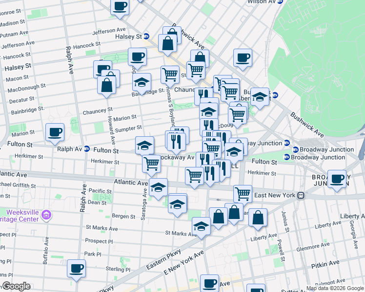 map of restaurants, bars, coffee shops, grocery stores, and more near 27 Somers Street in Brooklyn
