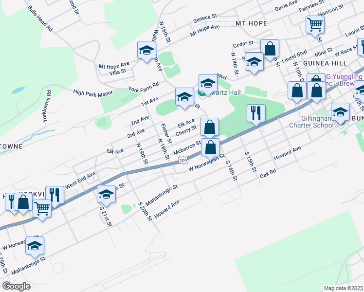 map of restaurants, bars, coffee shops, grocery stores, and more near 1733 West End Avenue in Pottsville