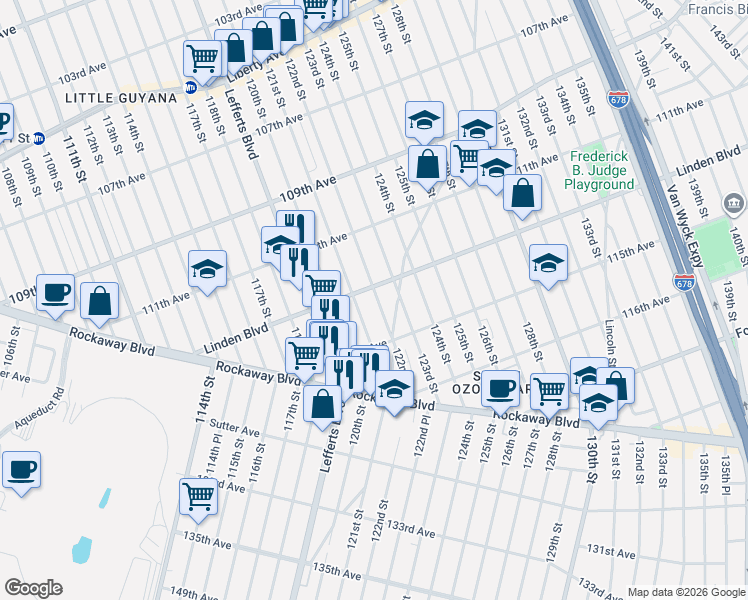 map of restaurants, bars, coffee shops, grocery stores, and more near 114-29 121st Street in Queens